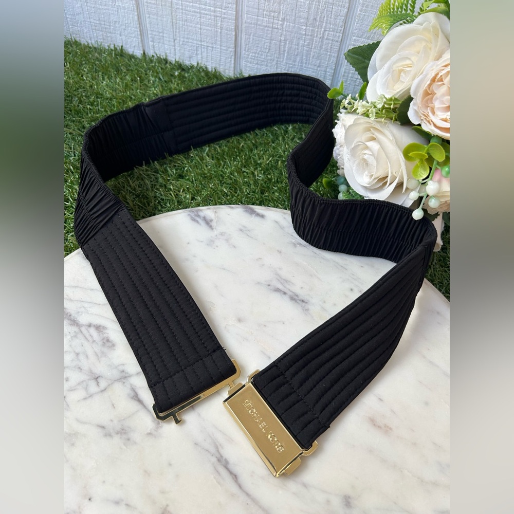 Michael Kors Black Elastic Waist Belt with Gold-Tone Logo Buckle /new